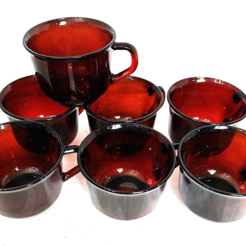 Arcoroc France Ruby Red Glass Set of Seven Cups Mugs Coffee Tea Vtg